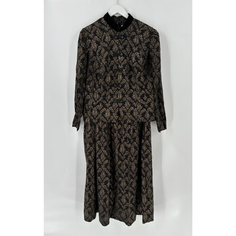 KSL Karin Stevens Vintage Dress Womens 14W Black Gold Floral Print Layered Maxi